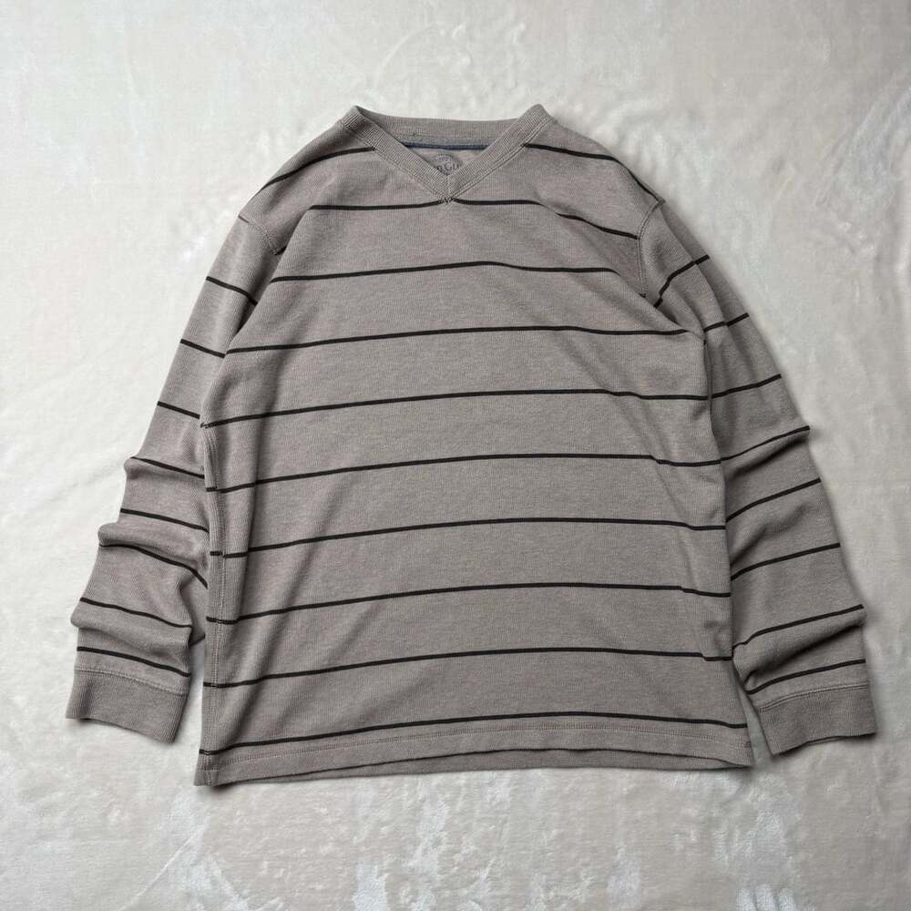 Faded Glory Striped Thermal Long Sleeve Shirt Size M Gray Black V-Neck